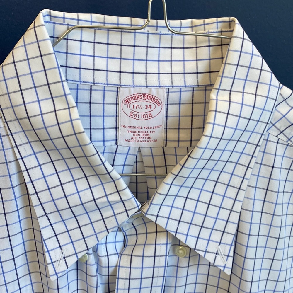 Brooks Brothers Blues and white windowpane check dress shirt 17.5-34